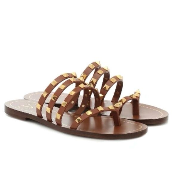 VALENTINO Rockstud Flair Cage Brown Leather Sandal Size 38 Flip Flop Studded - Picture 2 of 12